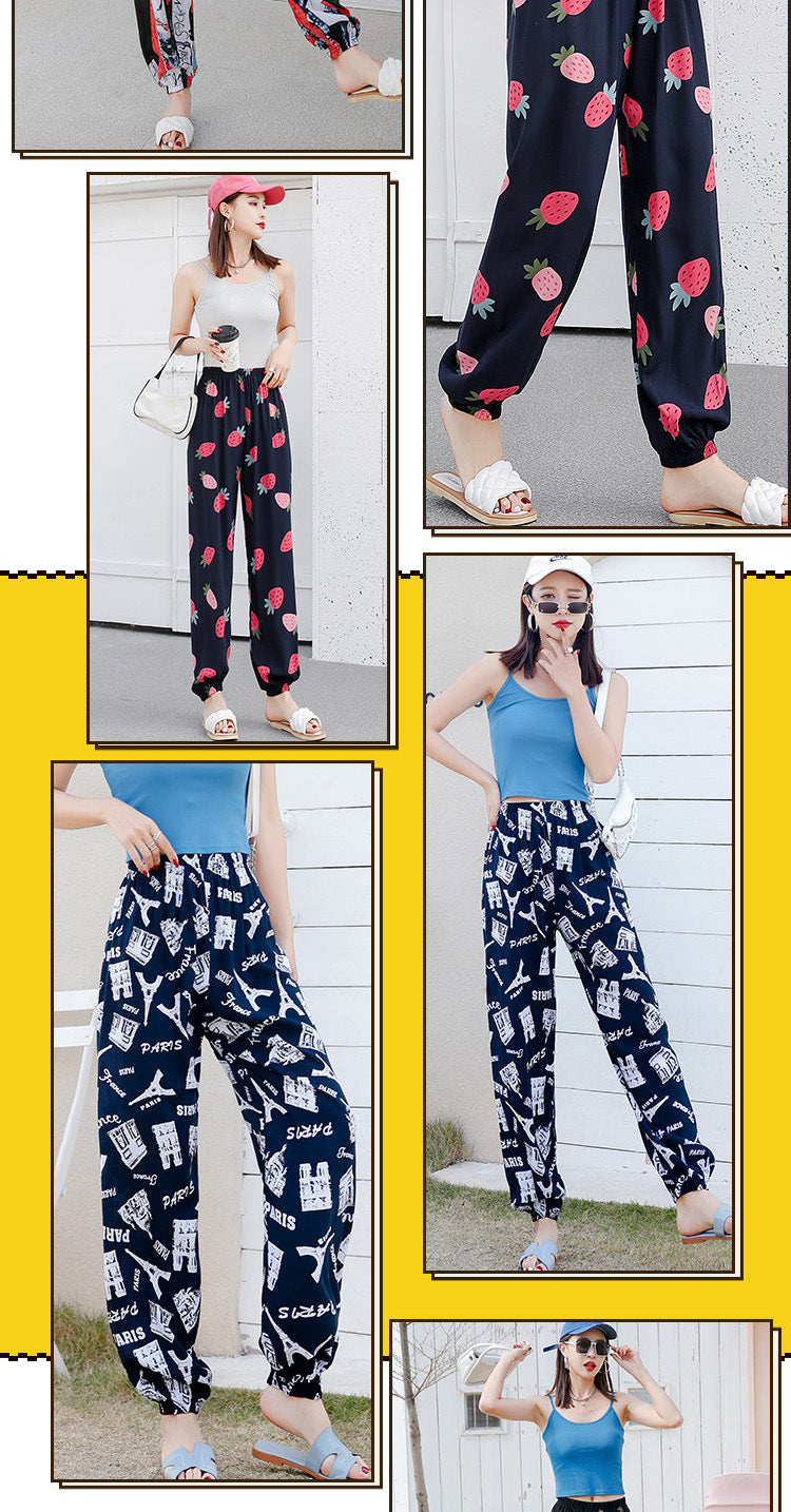 New Beach Pants for Women, Summer Cotton Silk Casual Pants, Thin Pajamas, Ethnic Style Anti-Mosquito Pants, Women's Home Bloomers