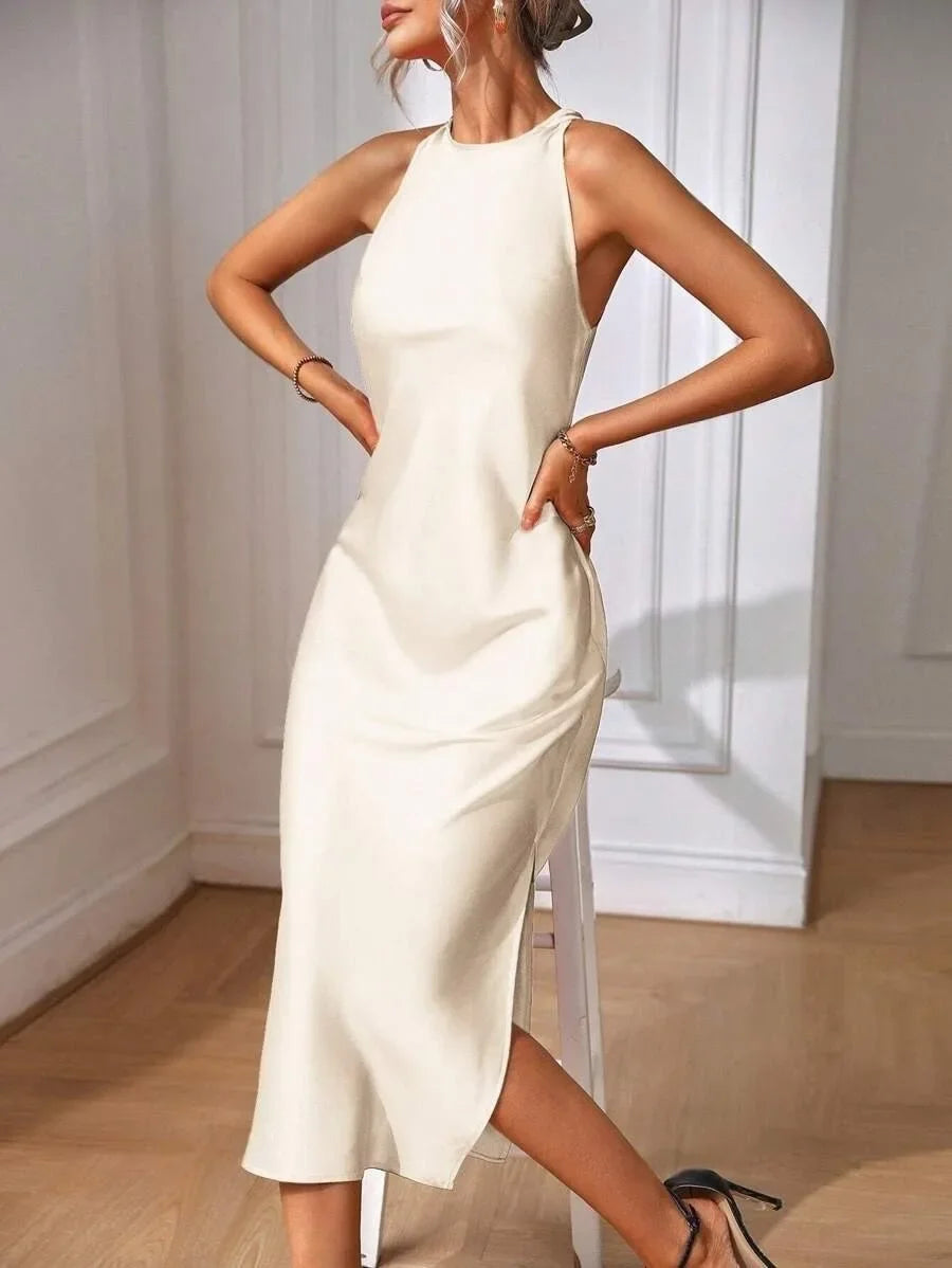 European and American Cross-Border Amazon Satin Dress Women's Spring and Summer Sleeveless Slit Satin Imitation Silk Long Skirt