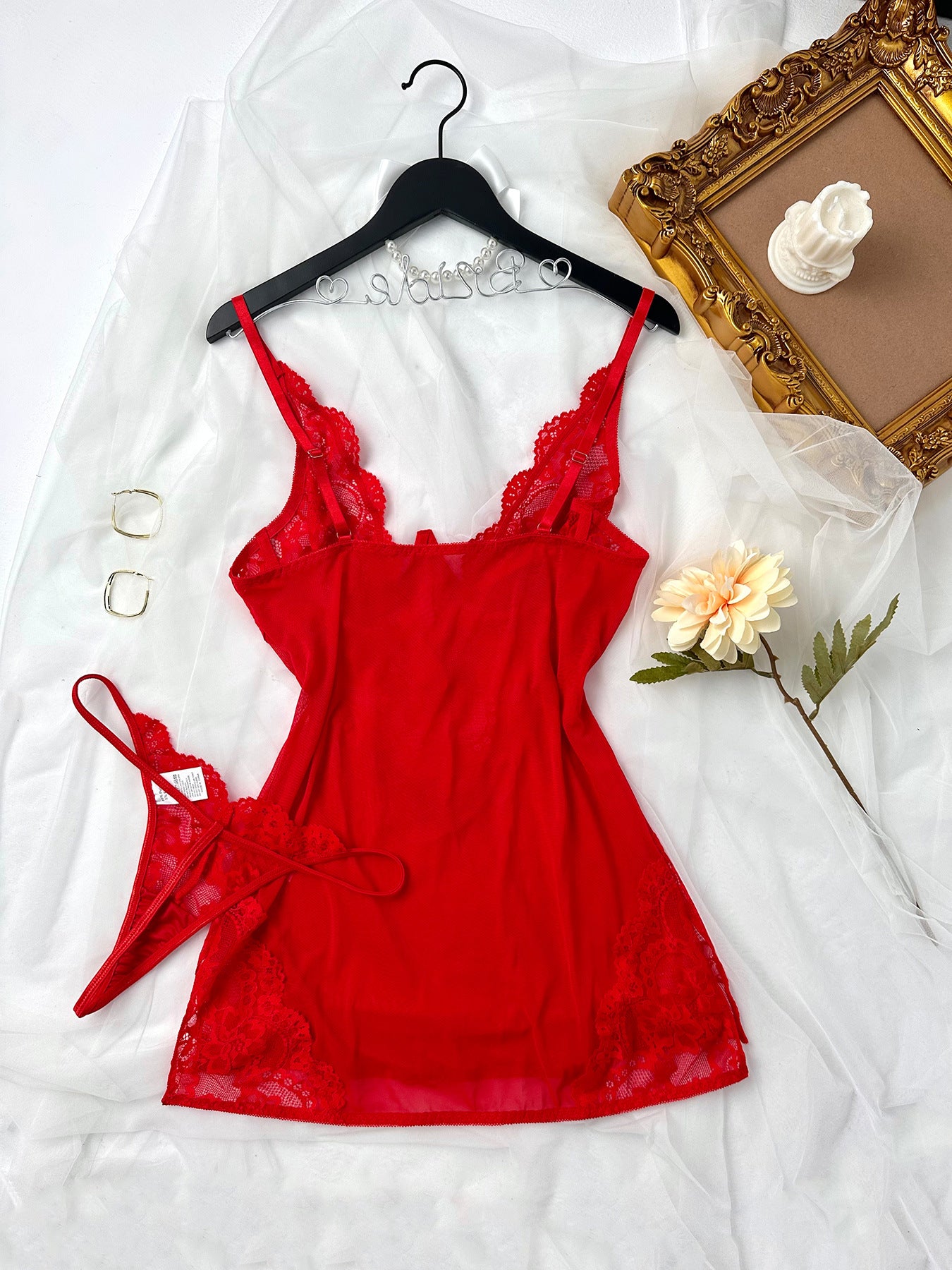 Lingerie Capano European and American Cross-Border Sexy Suspender Nightgown Cut Out Mesh See-Through Lace Pajamas for Women