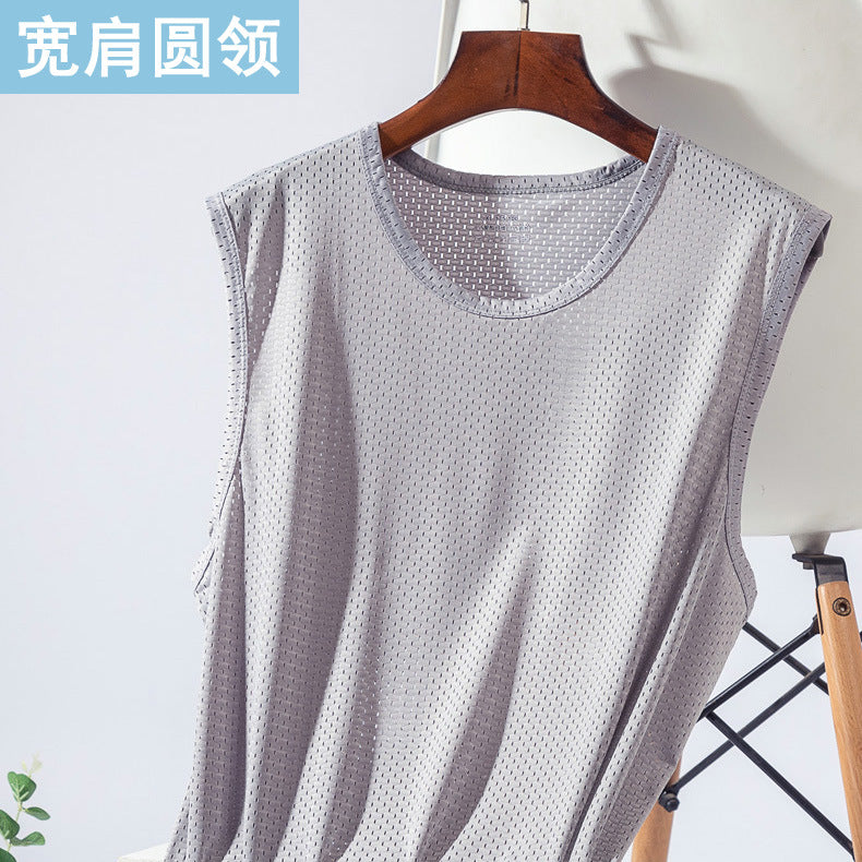 Summer ice silk mesh vest men's sports fitness quick-drying hollow undershirt wide shoulder waistcoat sleeveless T-shirt wholesale