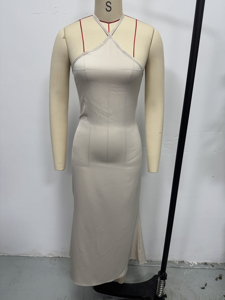 European and American Cross-Border Women's Sexy Dress Spring and Summer New Amazon Evening Dress Satin Suspender Long Skirt