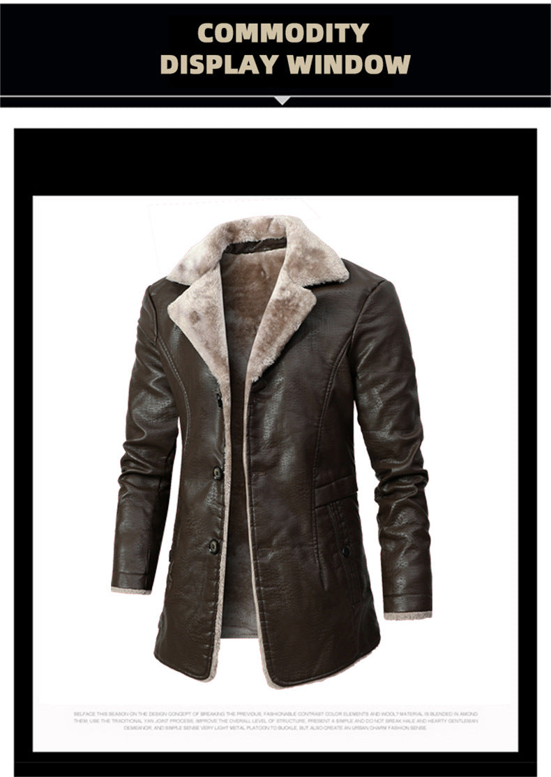 Men's Mid-Length Leather Jacket for Middle-Aged and Elderly People in Autumn and Winter Business European Size Plus Velvet Large Lapel Suit Leather Plush Jacket for Men