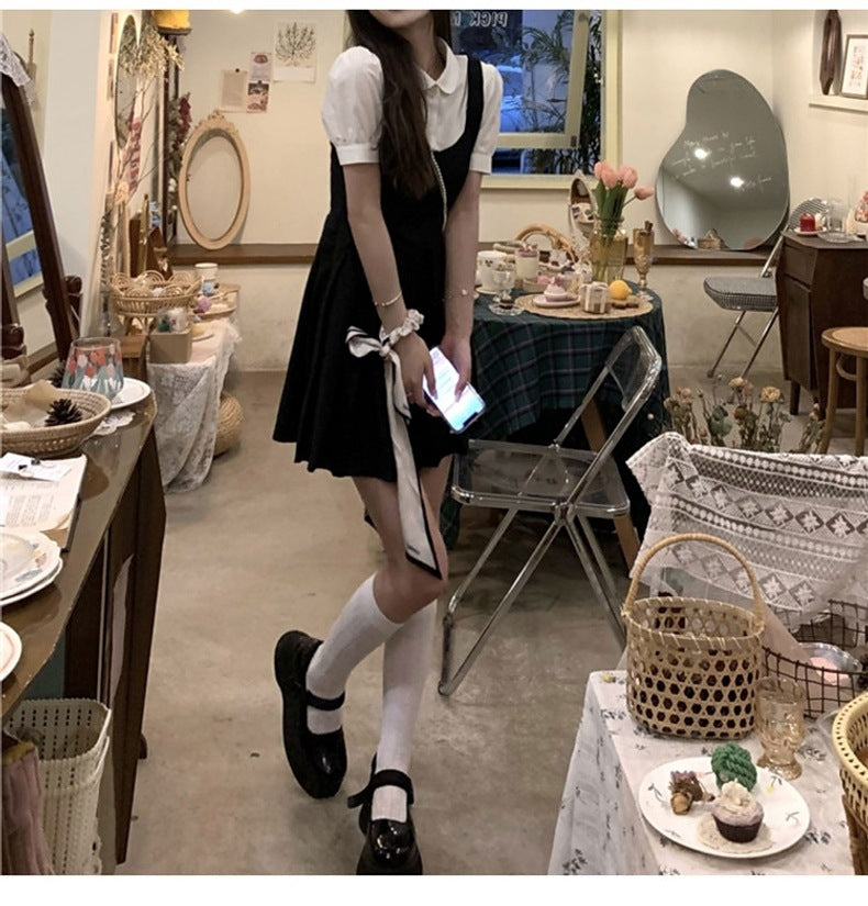 French Design Sense suit 2024 New College Style Women's Wear Spring Black Strap Sweet and Spicy dress Summer