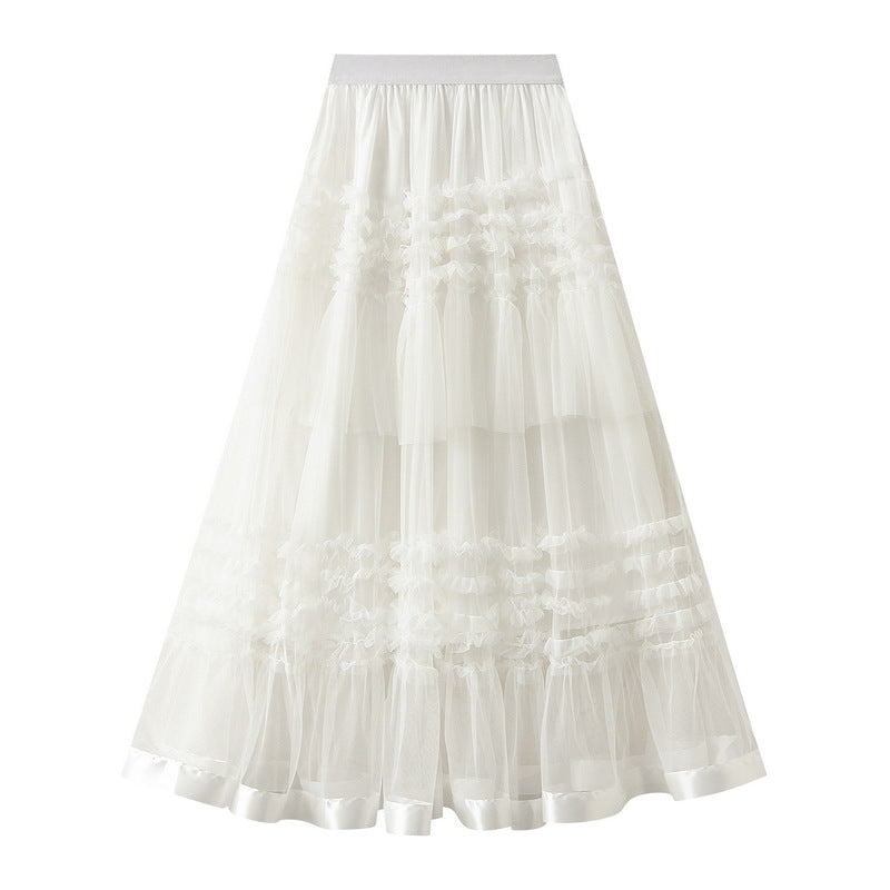 2025 Summer Floor-length Pleated Skirt Women Long Maxi Tulle Skirt for Women High Waist Vintage Mesh Cake Skirt Female