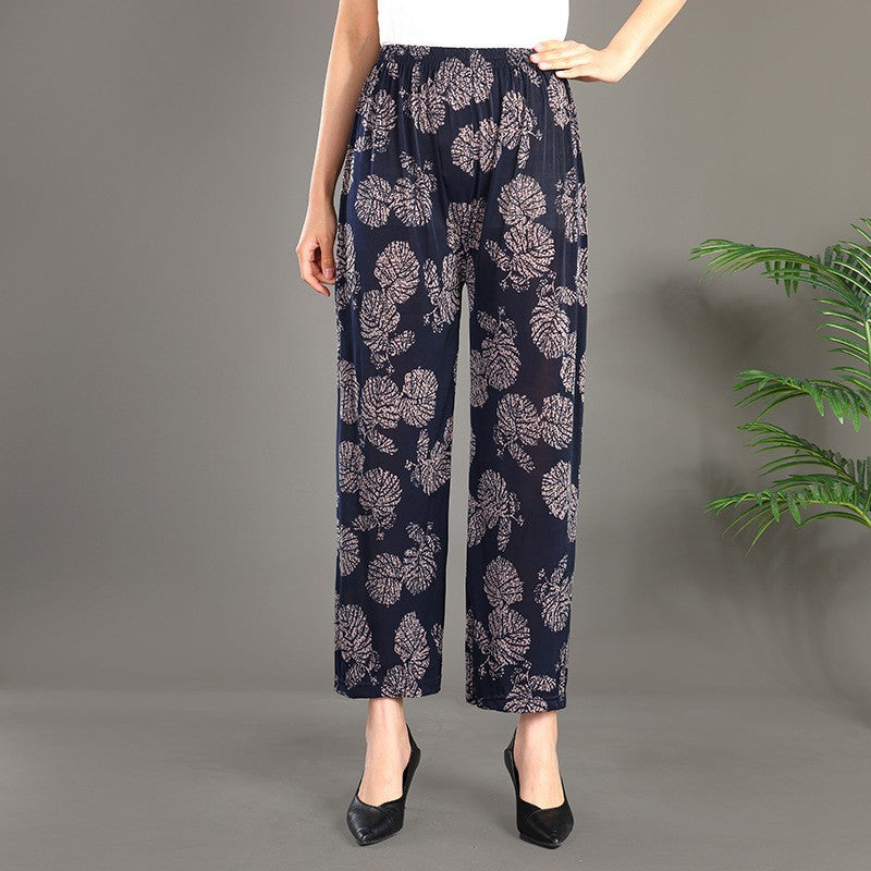 Cross-Border Popular Summer Women's Ice Silk Pants for Middle-Aged and Elderly, Loose Casual Home Pants, Elastic Plus-Size Pants for Square Dancing