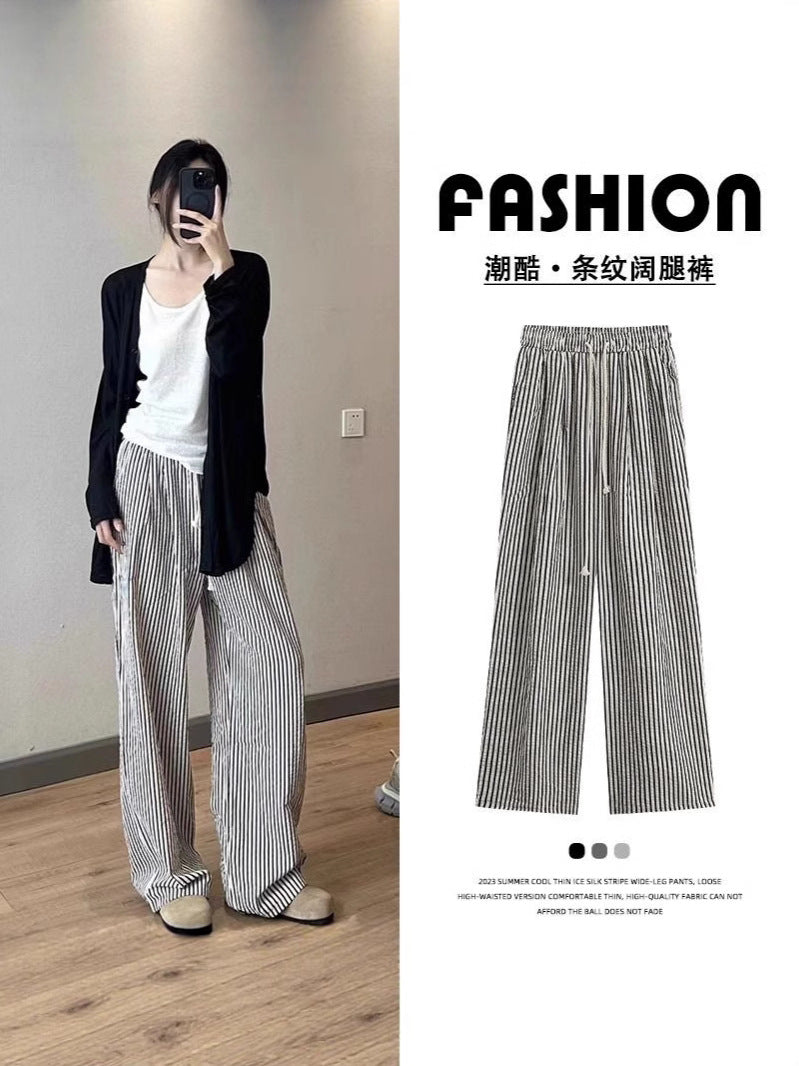 Foreign Trade Bag-free Trendy Black and White Vertical Stripe Wide-leg Pants Women's Summer Thin Vertical Straight Pants All-match Slimming Casual