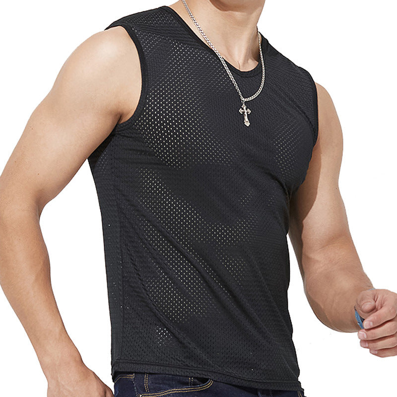 Summer ice silk mesh vest men's sports fitness quick-drying hollow undershirt wide shoulder waistcoat sleeveless T-shirt wholesale