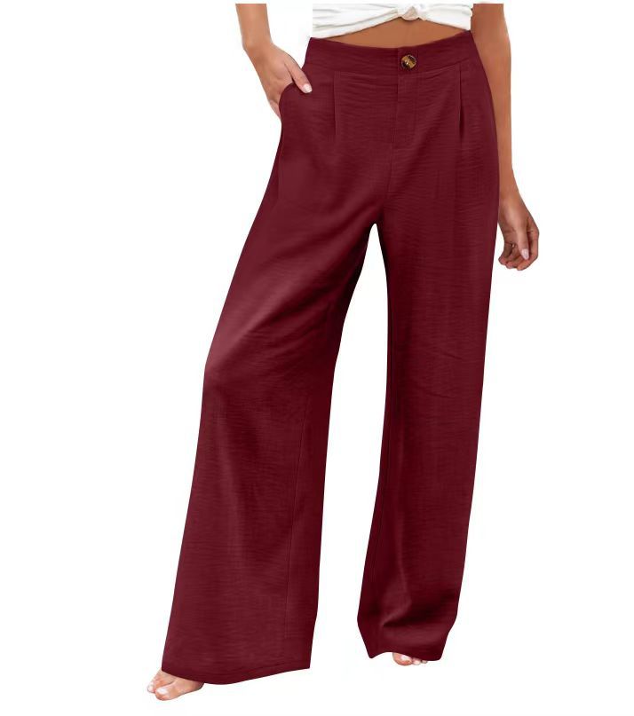 2026 Cross-Border Amazon European and American Summer Comfortable High-Waisted Long Pants with Buttons and Elastic Waist Wide-Leg Pants for Women Casual Straight-Leg Pants