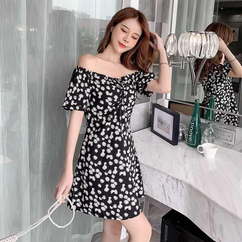 Daisy Dress Slim-Fit Slimming off-Shoulder Floral dress 2024 Summer New Internet Celebrous Same Style Dress