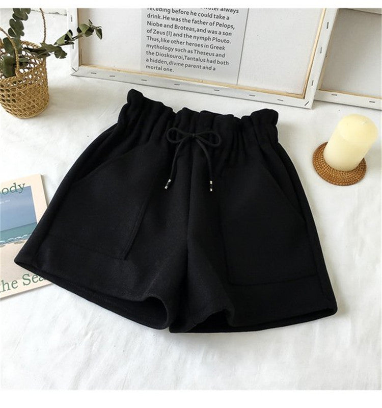 High Waist Woolen Shorts Autumn and Winter 2024 New Black Wide Leg Pants Slimming Spring Outwear Loose Casual Boots for Women