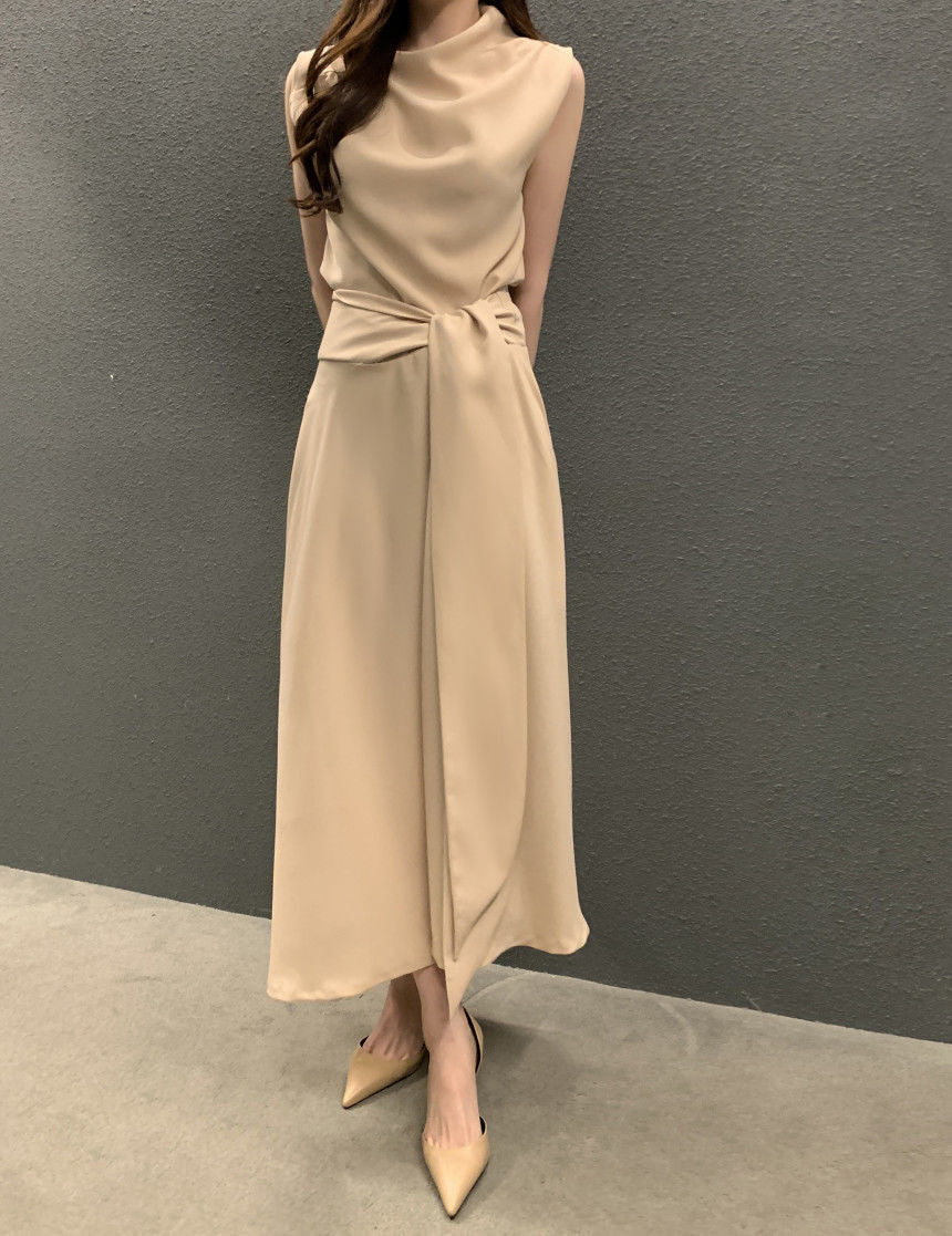 Korean Chic Summer French Elegant Pile Collar Strap Waist Slimming Look Sleeveless Vest Dress Mid-Length Skirt for Women