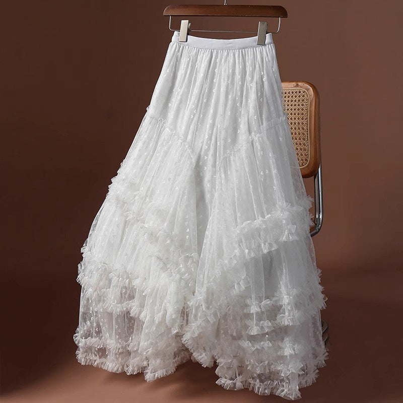 2026 Mesh Heart Printed Skirt Women Elastic High Waist Skirt Elegant Tulle A Line Ruffle Party Skirt Long Summer Saia Feminina