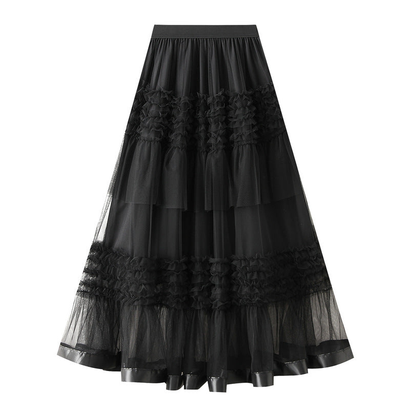 2025 Summer Floor-length Pleated Skirt Women Long Maxi Tulle Skirt for Women High Waist Vintage Mesh Cake Skirt Female