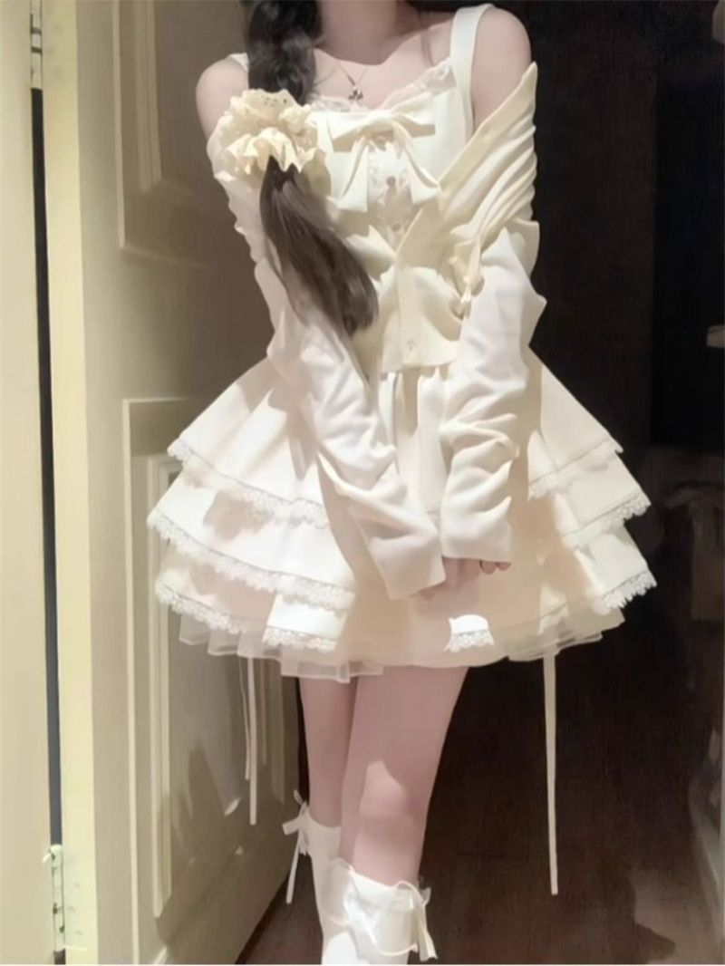 Early Spring Outfit for Petite Women: Pure and Desirable Style, High-End Cardigan Jacket, Puffy Cake Dress Two-Piece Set