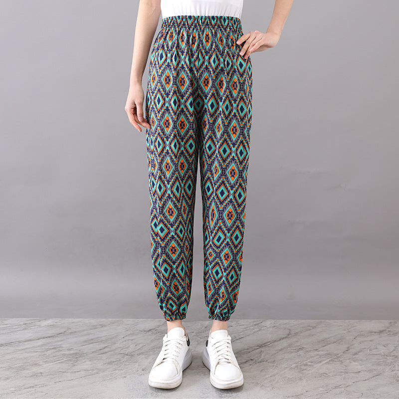 Cross-Border Popular Summer Women's Ice Silk Pants for Middle-Aged and Elderly, Loose Casual Home Pants, Elastic Plus-Size Pants for Square Dancing