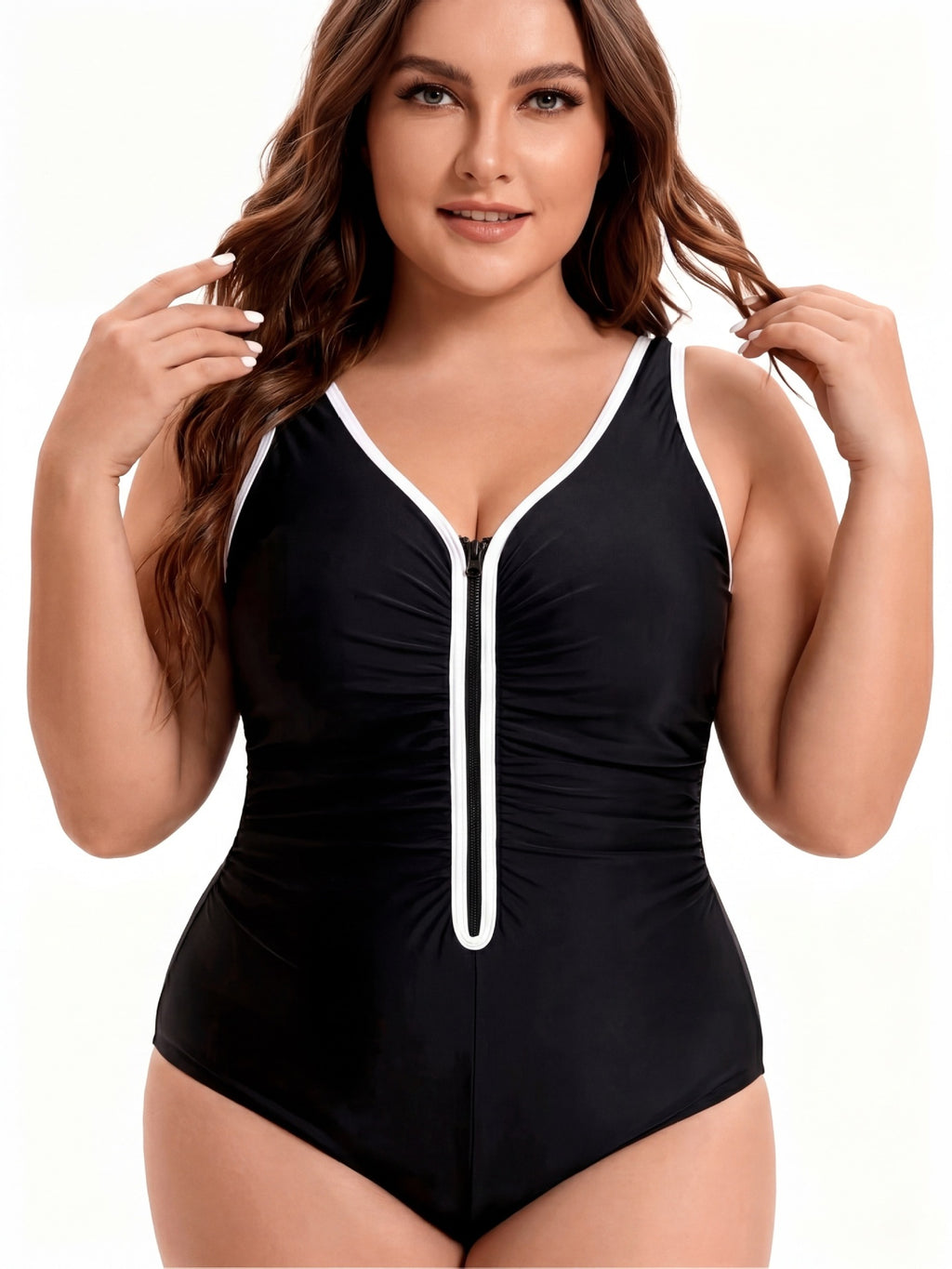 One-Piece Swimsuit, European and American Style, Plus Size, Black and Blue Color-Blocking, Front Zipper, Slimming Swimsuit, Waist-Cinching, Tummy-Covering, for Plus-Size Women, Hot Spring Swimwear