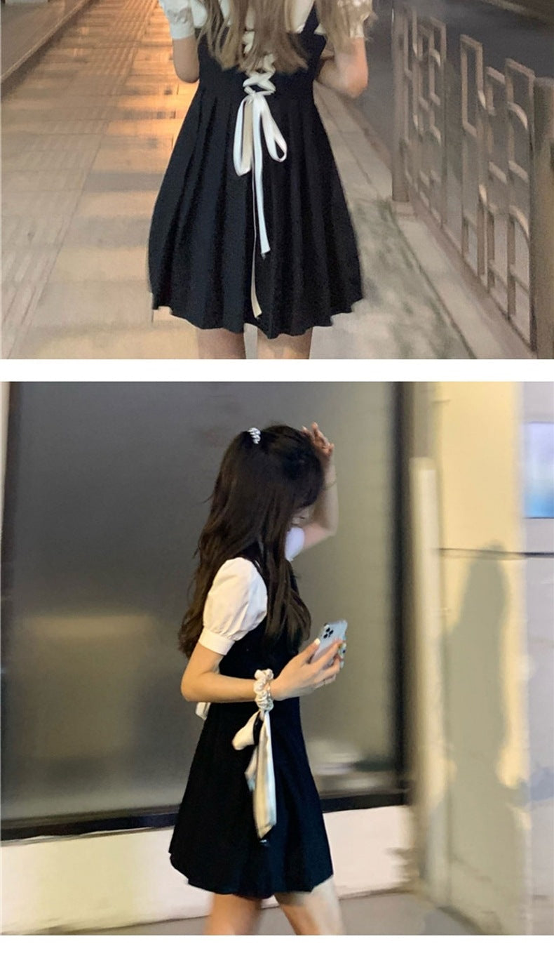 French Design Sense suit 2024 New College Style Women's Wear Spring Black Strap Sweet and Spicy dress Summer