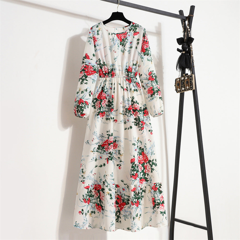 Cross-border Foreign Trade Floral Chiffon Long Dress Women's Spring Dress Long Sleeve Crewneck Base Skirt Waist Slim Long Dress