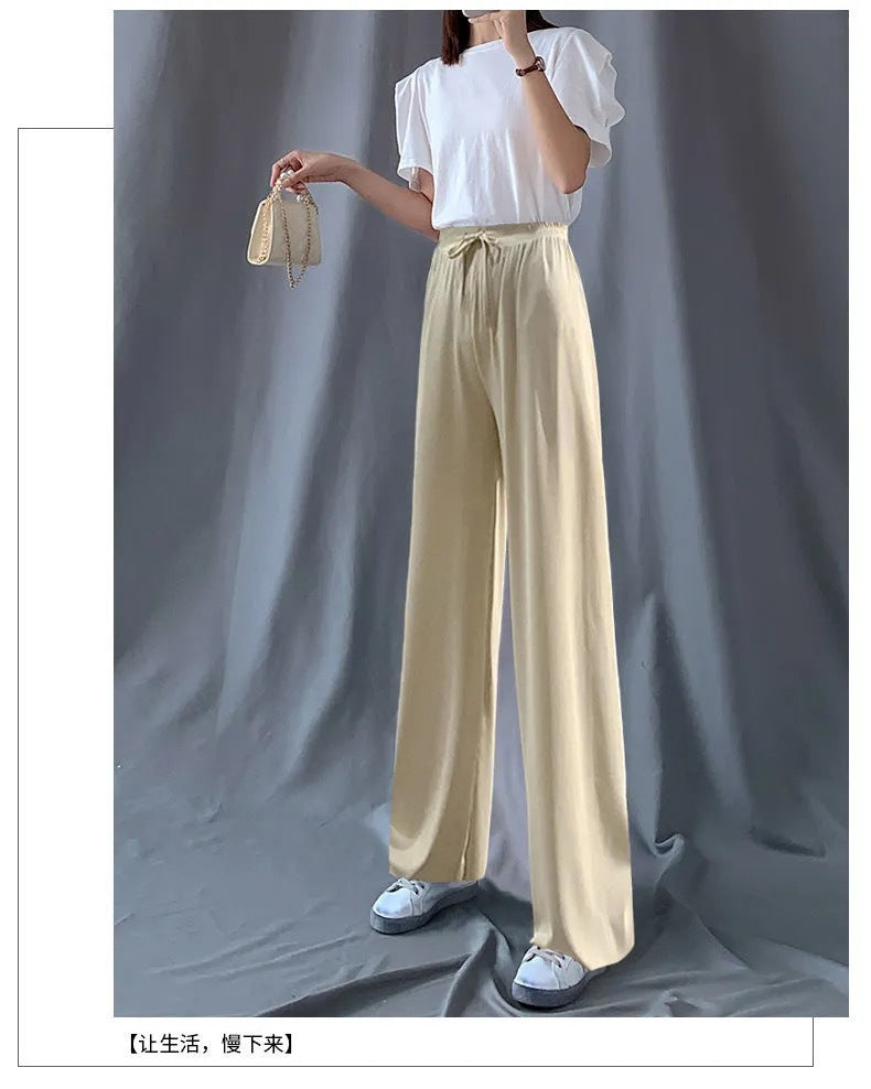 2026 Thin Ice Silk Wide-Leg Pants for Women, Summer Student Korean Style, Drapey Loose Fit, Versatile High-Waisted Elastic Thin Straight-Leg Pants