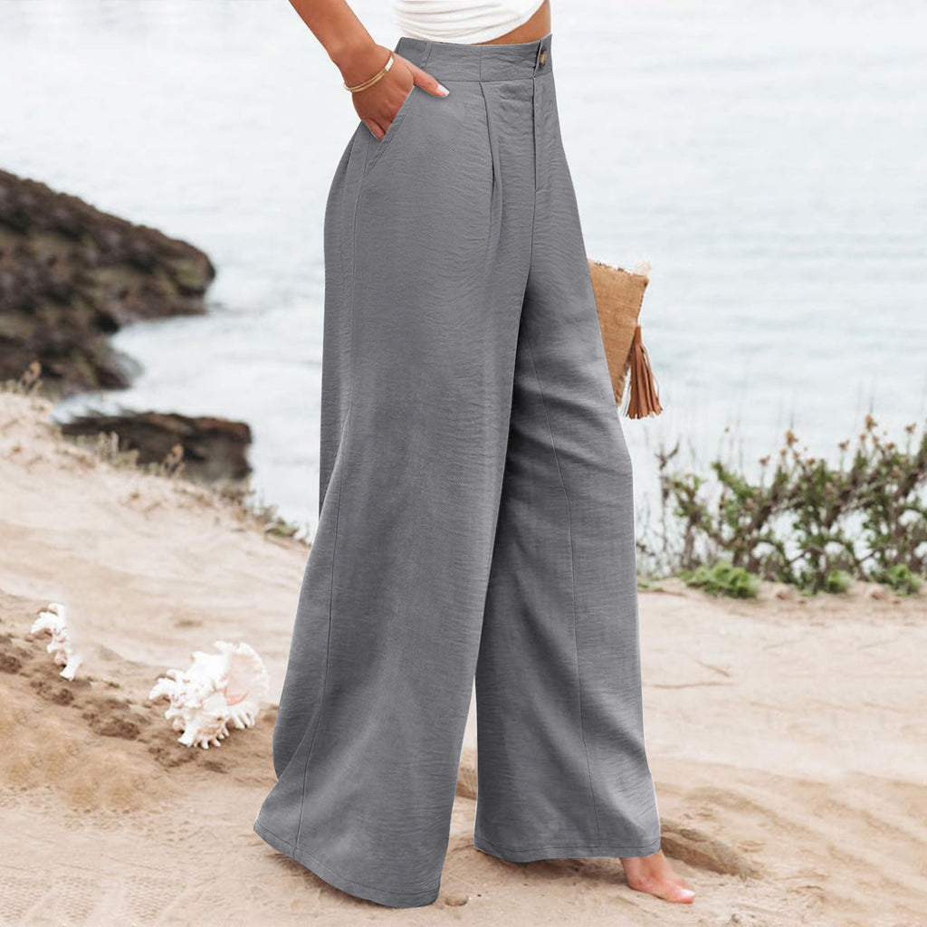 2026 Cross-Border Amazon European and American Summer Comfortable High-Waisted Long Pants with Buttons and Elastic Waist Wide-Leg Pants for Women Casual Straight-Leg Pants