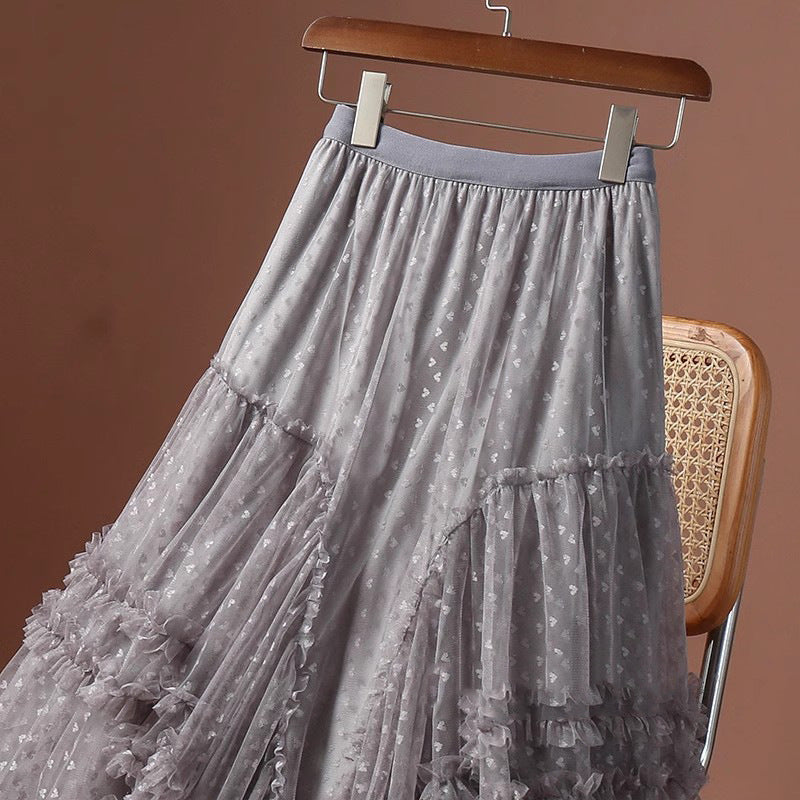 2026 Mesh Heart Printed Skirt Women Elastic High Waist Skirt Elegant Tulle A Line Ruffle Party Skirt Long Summer Saia Feminina