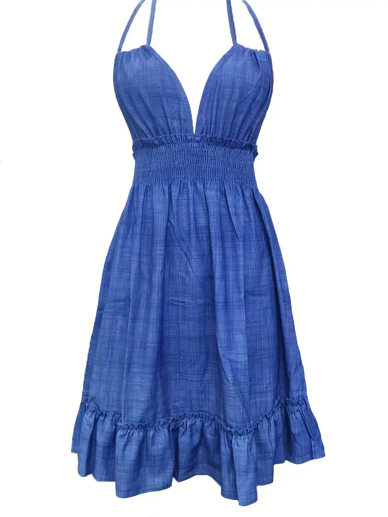 European and American Amazon Cross-Border Popular Women's Clothing Deep V Rope Suspender Parallel Pleated Sexy Dress Beach Degree