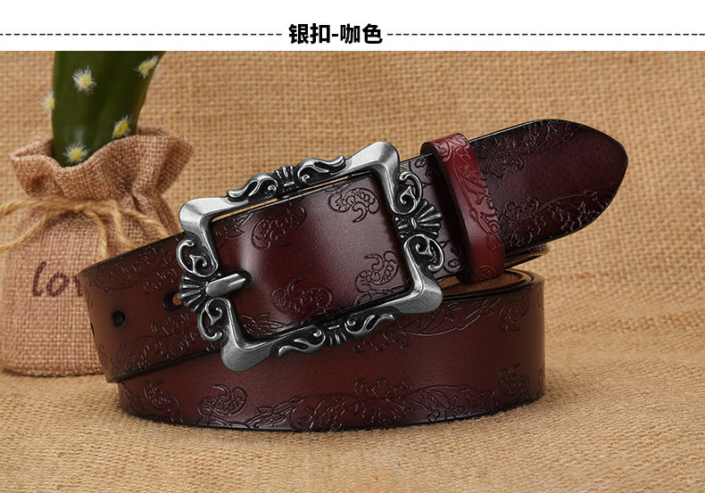 Cross-border European and American Women's Retro Belt Embossed Pattern Pin Buckle Belt Women's Ins Style All-match Simple Casual Pants Belt
