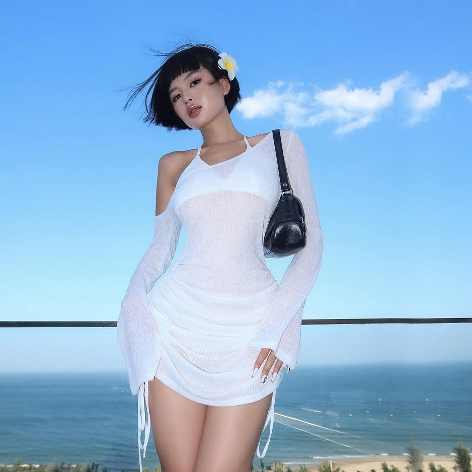 Women Mesh Shoulder slant Mini Dress Sexy See Through Chic Long Sleeve Deep Low Neck Slim Vestidos Mujer Coquette