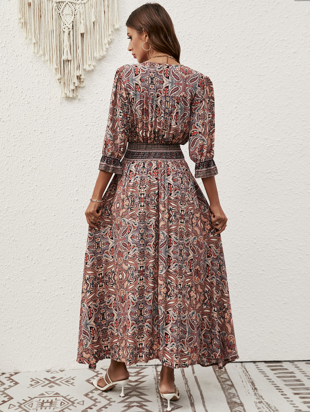 2025 Rayon Positioning Printed Three-Quarter Sleeve Waist Bohemian Women's Dress Vacation Buttoned Beach Skirt