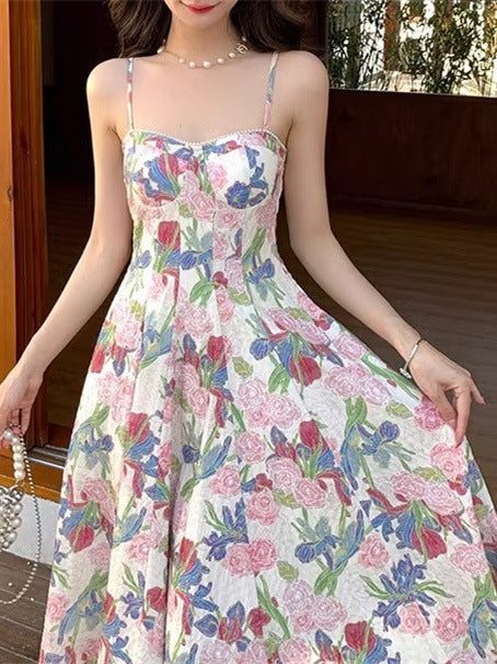 2024 New retro floral strap dress women's summer fairy beach dress high-grade mid-length dress elegant all-match