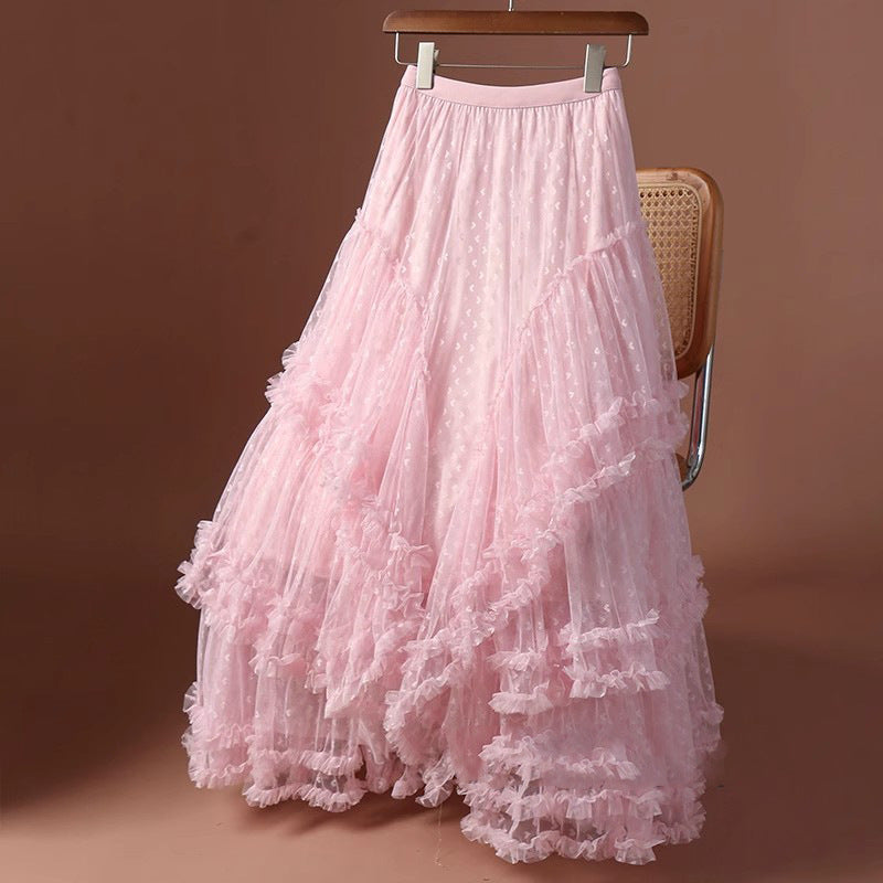 2026 Mesh Heart Printed Skirt Women Elastic High Waist Skirt Elegant Tulle A Line Ruffle Party Skirt Long Summer Saia Feminina