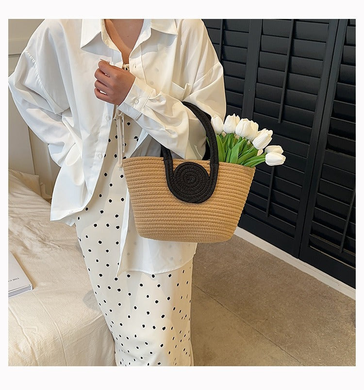 Contrast Cotton Rope Woven Handbag Women's Bag Korean Style Bag New Large Capacity Stylisse Handbag All-match Tote Bag
