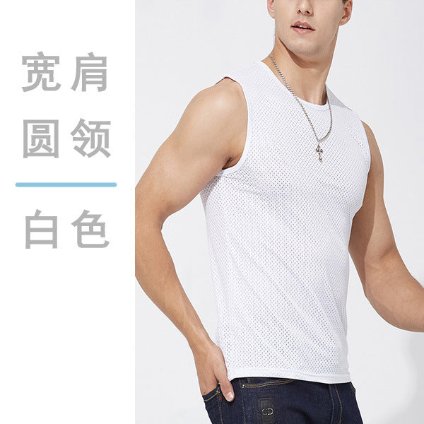 Summer ice silk mesh vest men's sports fitness quick-drying hollow undershirt wide shoulder waistcoat sleeveless T-shirt wholesale