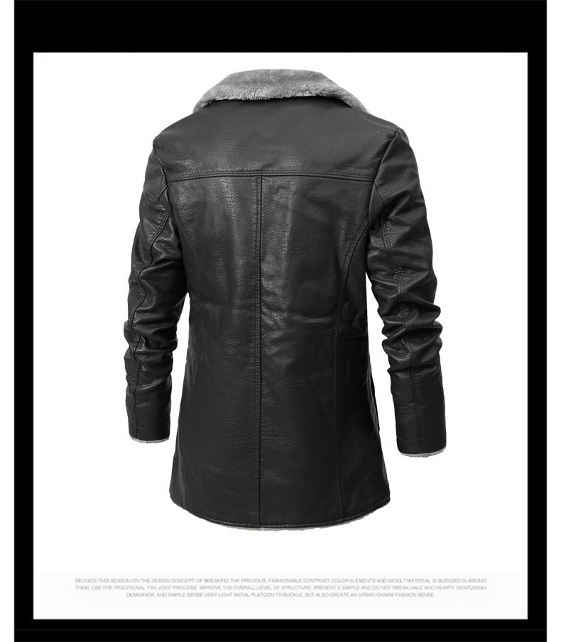 Men's Mid-Length Leather Jacket for Middle-Aged and Elderly People in Autumn and Winter Business European Size Plus Velvet Large Lapel Suit Leather Plush Jacket for Men