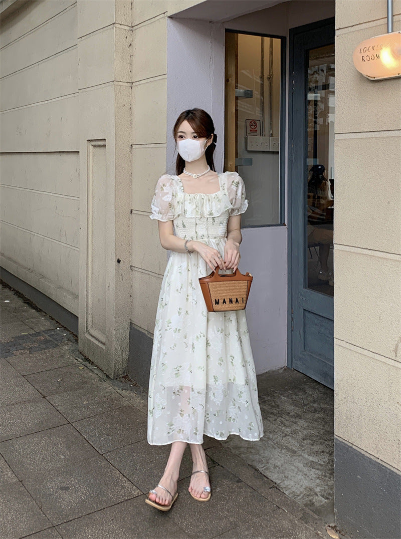 Gentle Floral Dress for Women, Summer 2026 New Chiffon Seaside Vacation First Love Dress, Puff Sleeve Long Dress