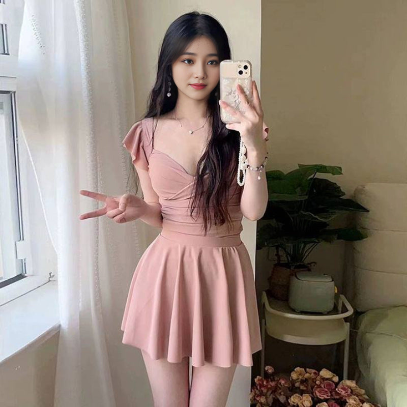2024 New Pure Desire Style one-piece Triangle Bikini Skirt Swimsuit Girl Summer Gather to Cover Flesh Slim Hot Spring