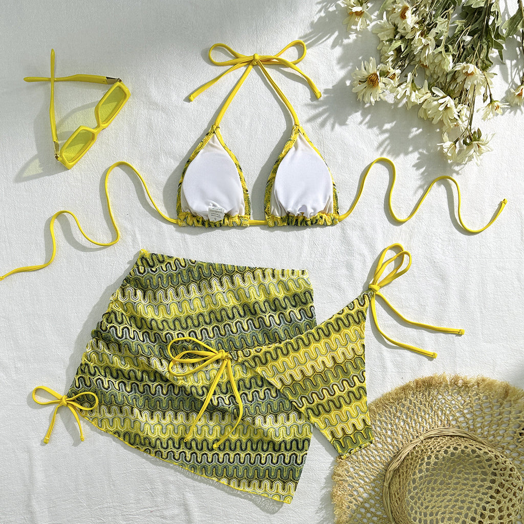 2025 European and American New Embroidered Gradient Sexy Three-Piece Swimsuit Swimsuit Bikini Bikini Cross-Border Export