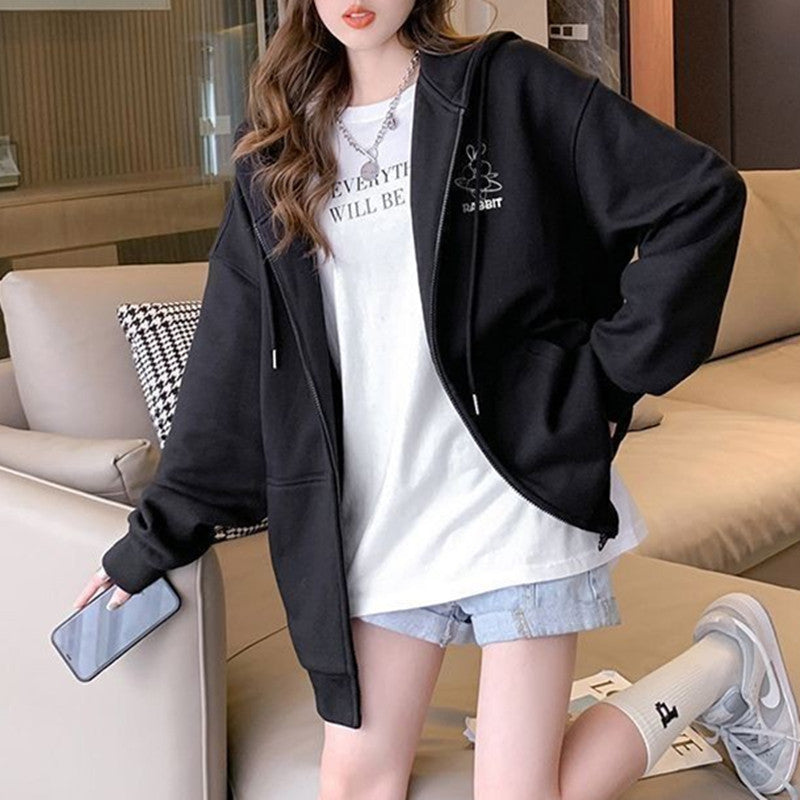 Embroidered Pattern Hooded Sweatshirt Girls' Cardigan Jacket 2026 Spring, Autumn and Winter New Style Lazy Style Loose Long-Sleeved Top