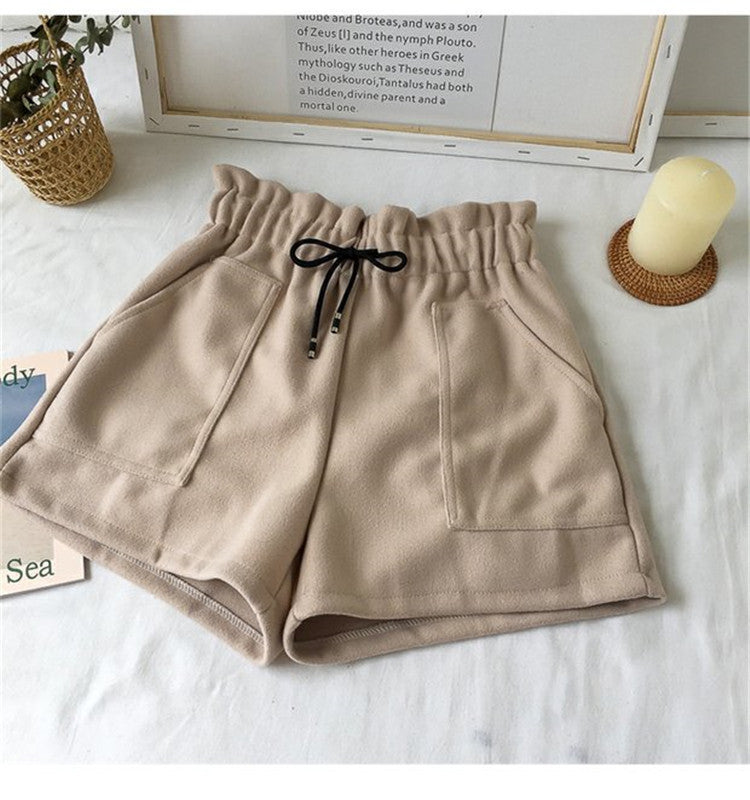 High Waist Woolen Shorts Autumn and Winter 2024 New Black Wide Leg Pants Slimming Spring Outwear Loose Casual Boots for Women