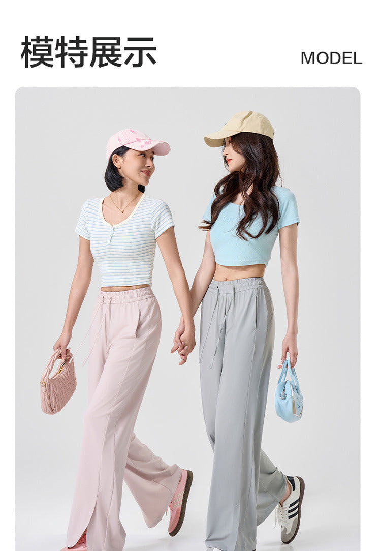 Summer Sunscreen Cool Ice Silk Wide Leg Pants Women's Lightweight Breathable Lazy Style Casual All-match Loose Slimming Straight Leg Pants