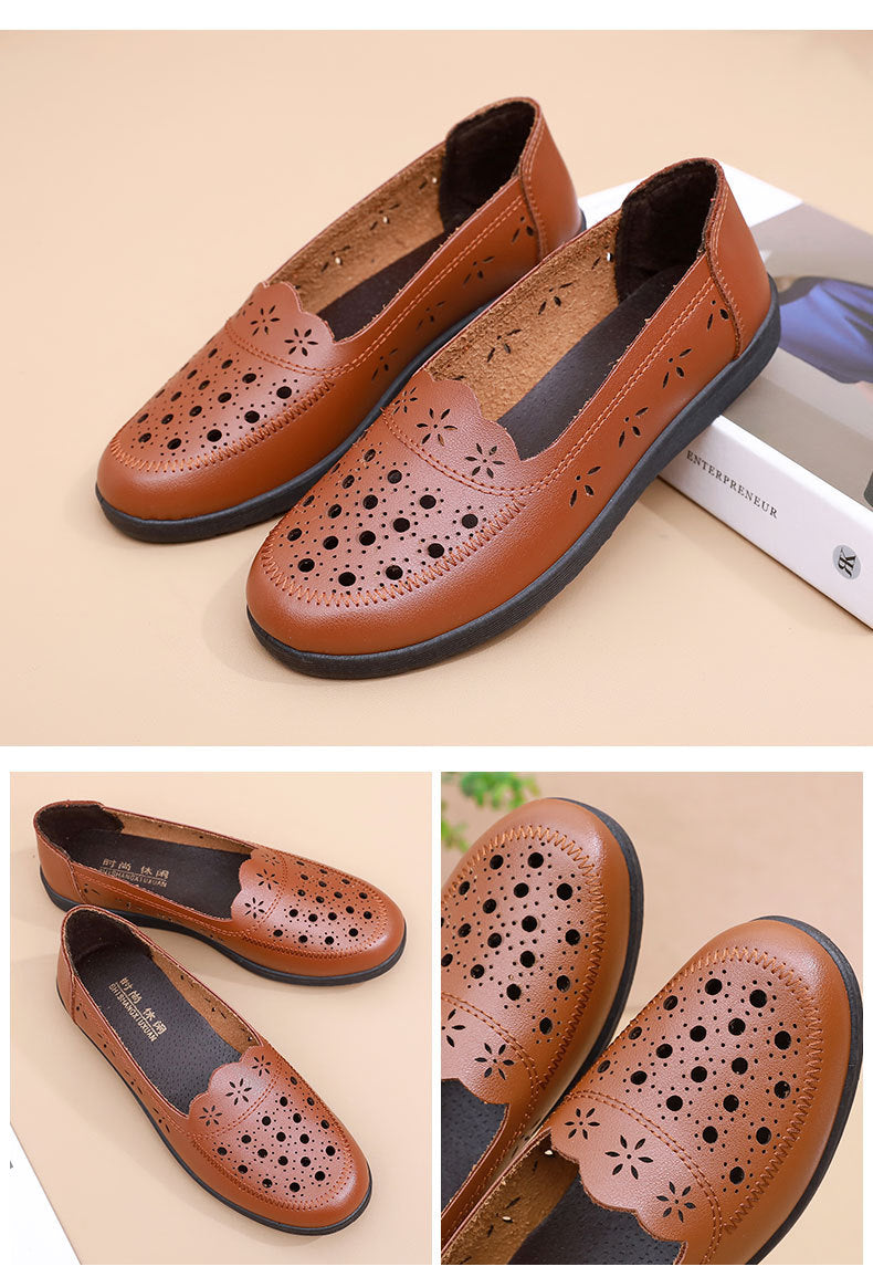 Spring Mom Shoes Sandals Soft Sole Comfortable Flats Hole Hollow Flats Shoes Middle-Aged and Elderly Women's Shoes Elderly Grandma Leather Shoes