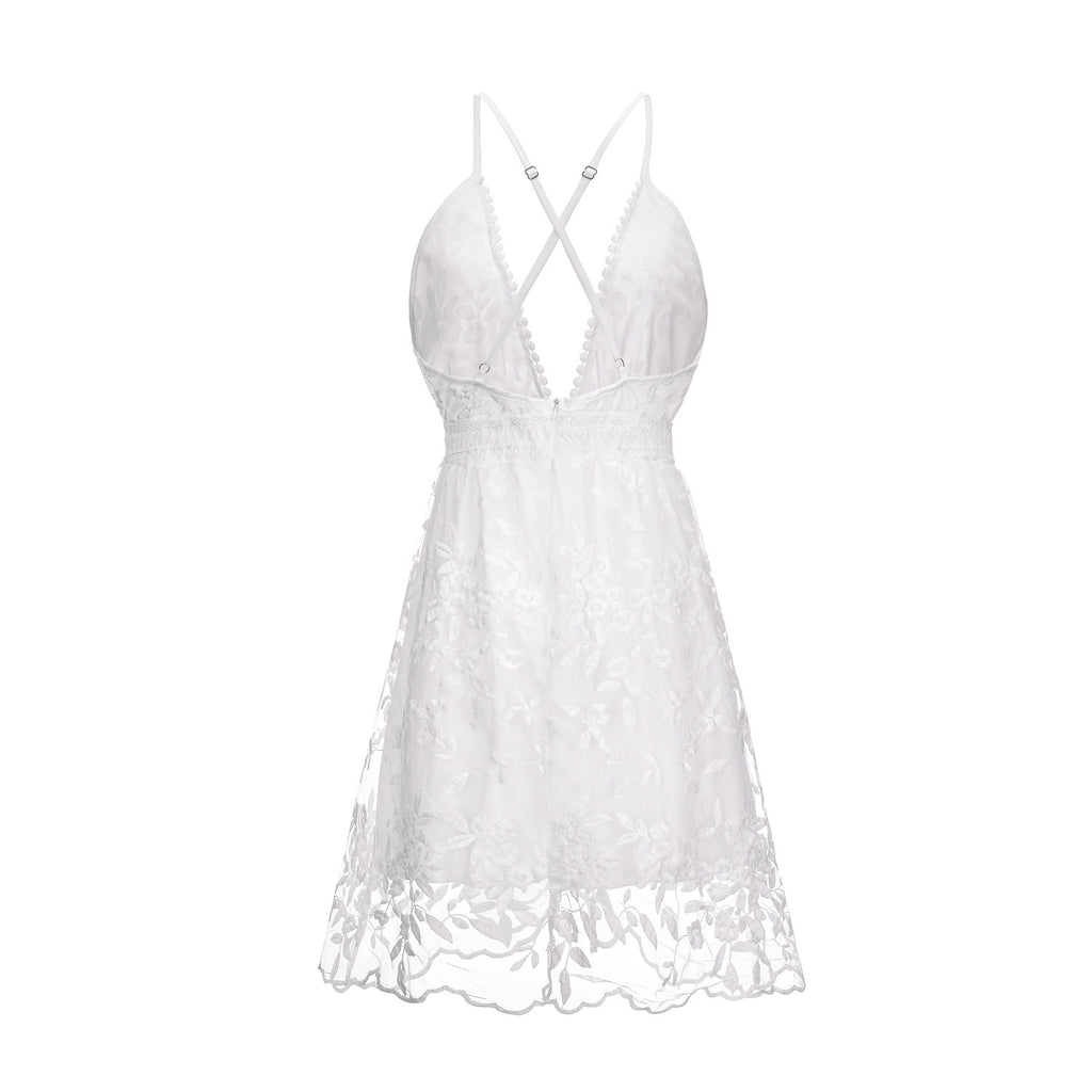 Cross-Border 2023 Summer New European and American Sexy Deep V Neck Backless Suspender Dress Amazon Lace Beach Dress