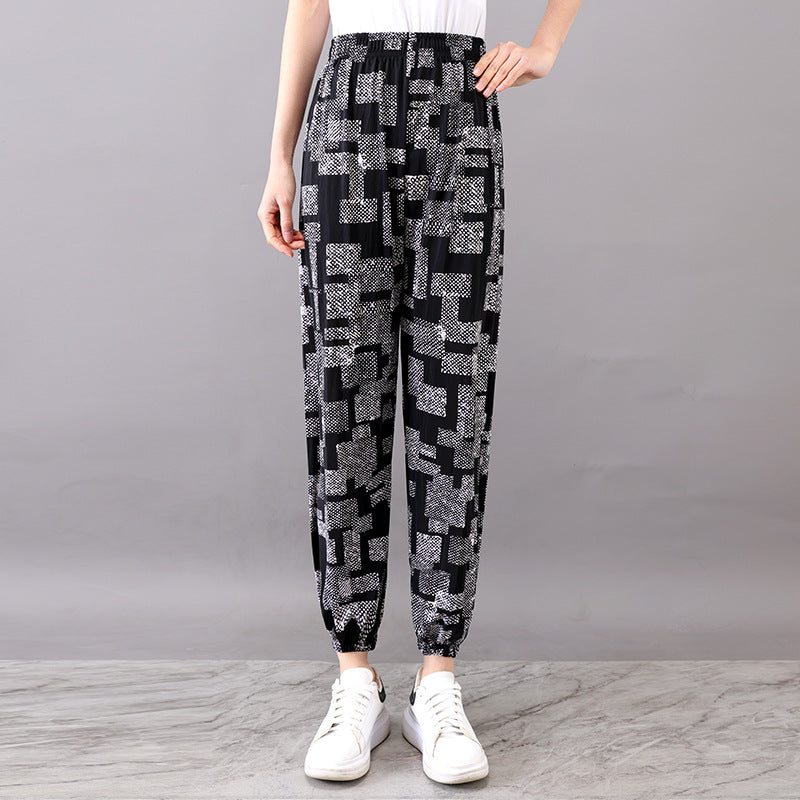 Cross-Border Popular Summer Women's Ice Silk Pants for Middle-Aged and Elderly, Loose Casual Home Pants, Elastic Plus-Size Pants for Square Dancing