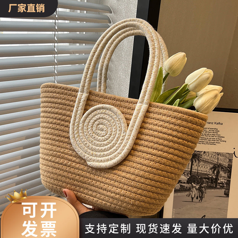 Contrast Cotton Rope Woven Handbag Women's Bag Korean Style Bag New Large Capacity Stylisse Handbag All-match Tote Bag
