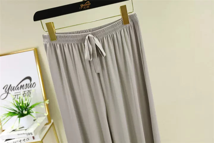 Korean style high waist drawstring lace-up ice silk seamless straight slimming wide-leg pants summer thin draping casual trousers