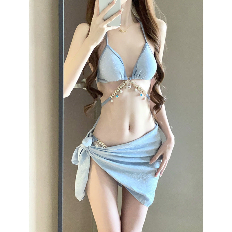 Swimsuit Female Mermaid Diamond Chain European and American Pure Lust Style Strap Triangle Bikini Three-Point Ins Sexy Vacation Swimsuit