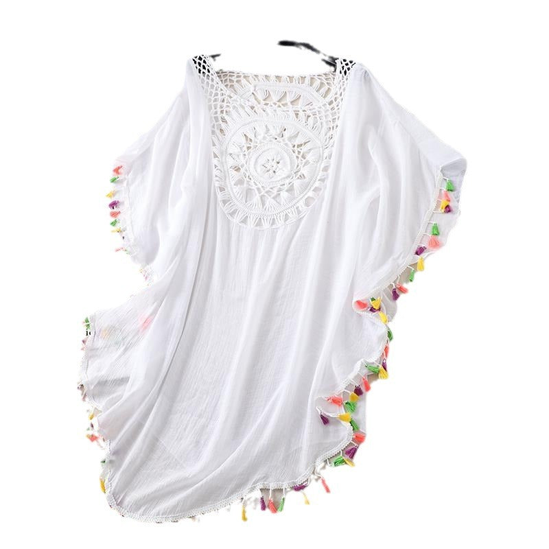 Cross-border new holiday hook solid color stitching European and American beach skirt small tassel sunscreen short sexy beach blouse