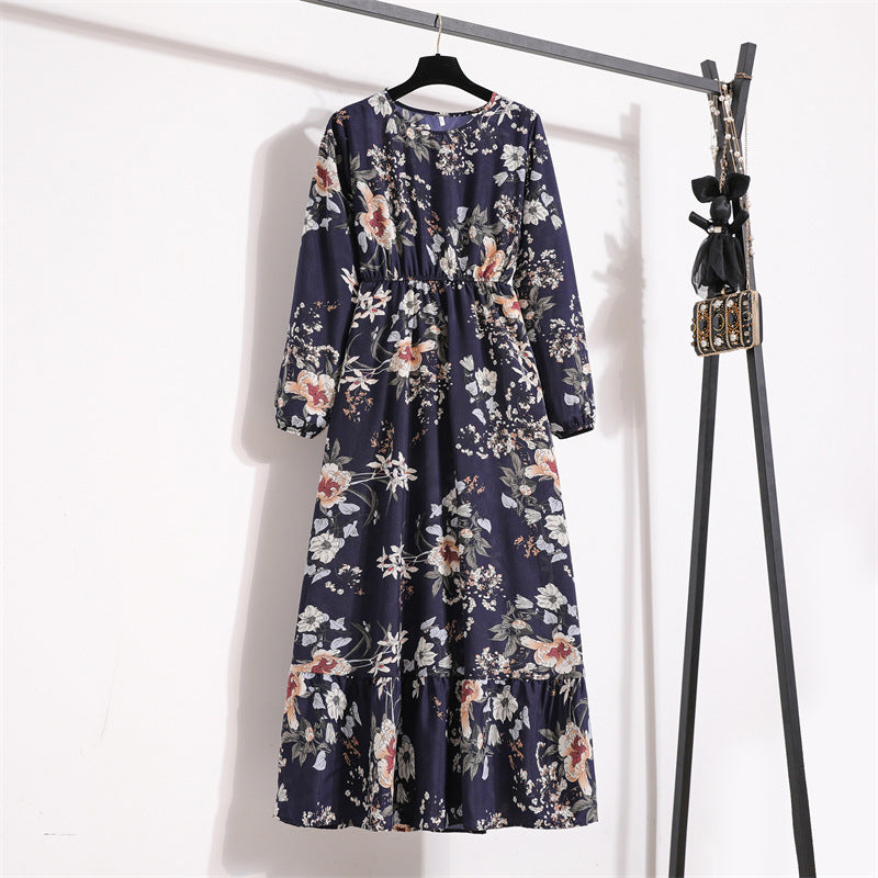 Cross-border Foreign Trade Floral Chiffon Long Dress Women's Spring Dress Long Sleeve Crewneck Base Skirt Waist Slim Long Dress