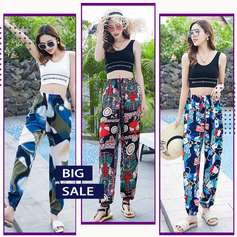 New Beach Pants for Women, Summer Cotton Silk Casual Pants, Thin Pajamas, Ethnic Style Anti-Mosquito Pants, Women's Home Bloomers