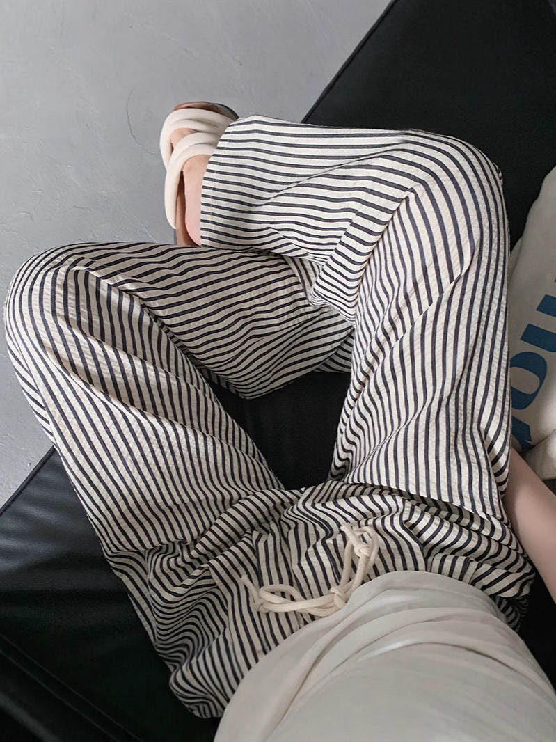 Foreign Trade Bag-free Trendy Black and White Vertical Stripe Wide-leg Pants Women's Summer Thin Vertical Straight Pants All-match Slimming Casual